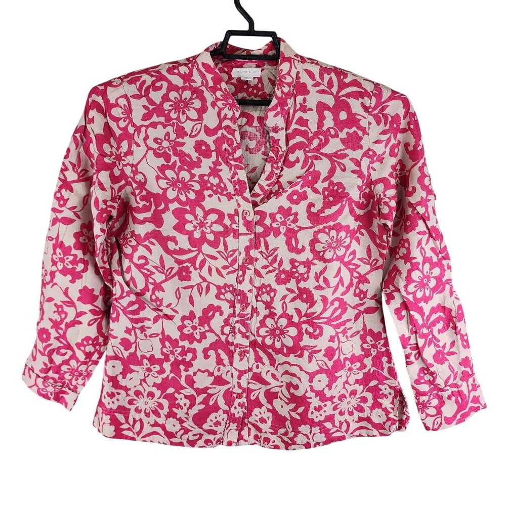 Womens Charter Club Linen Blouse Shirt Pink Floral Button Up Long Sleeve Size 14